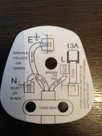 wiring diagram card that is found on the plugs of new appliances in the UK, photo by DRA PAT Testing who provide portable appliance testing in the UK