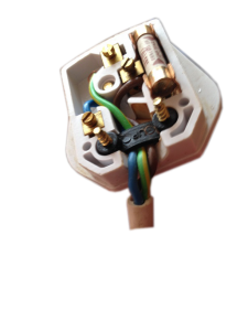 An electric plug with the top removed showing the wiring inside