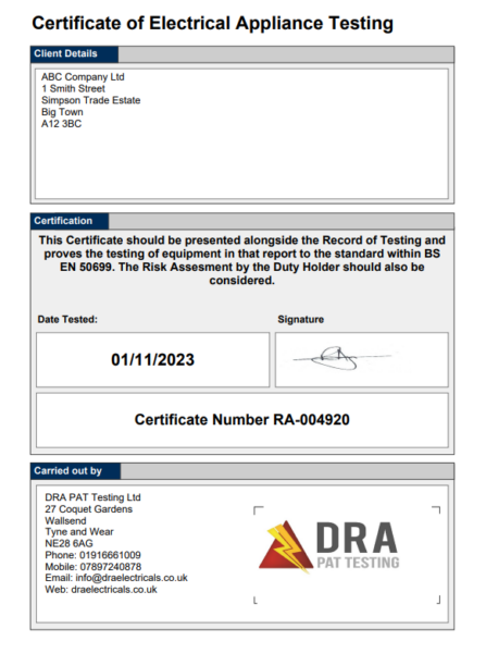 An example of a PAT Testing Certificate