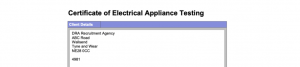 Example of a PAT Testing Certificate as issued by DRA PAT Testing
