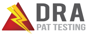 Logo for DRA PAT Testing with red triangle and yellow power strike through