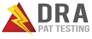 DRA pat testing logo Logo for DRA PAT Testing with red triangle and yellow power strike through