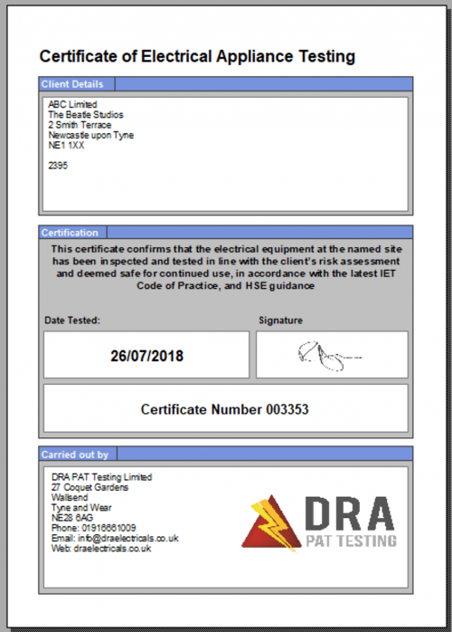 example of a pat testing certificate