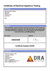 PAT Testing Certificate