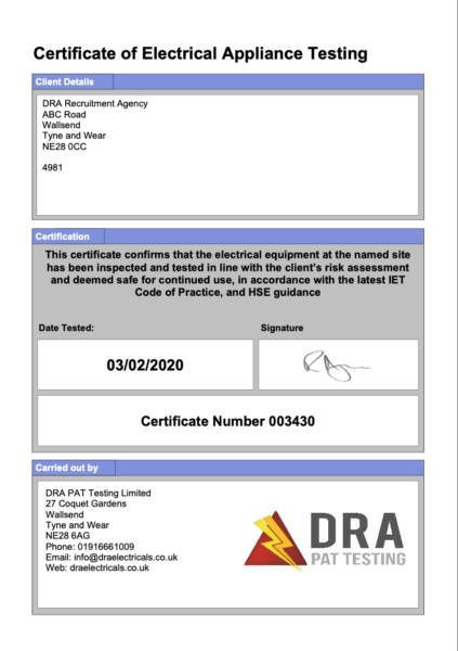 PAT Testing Certificate