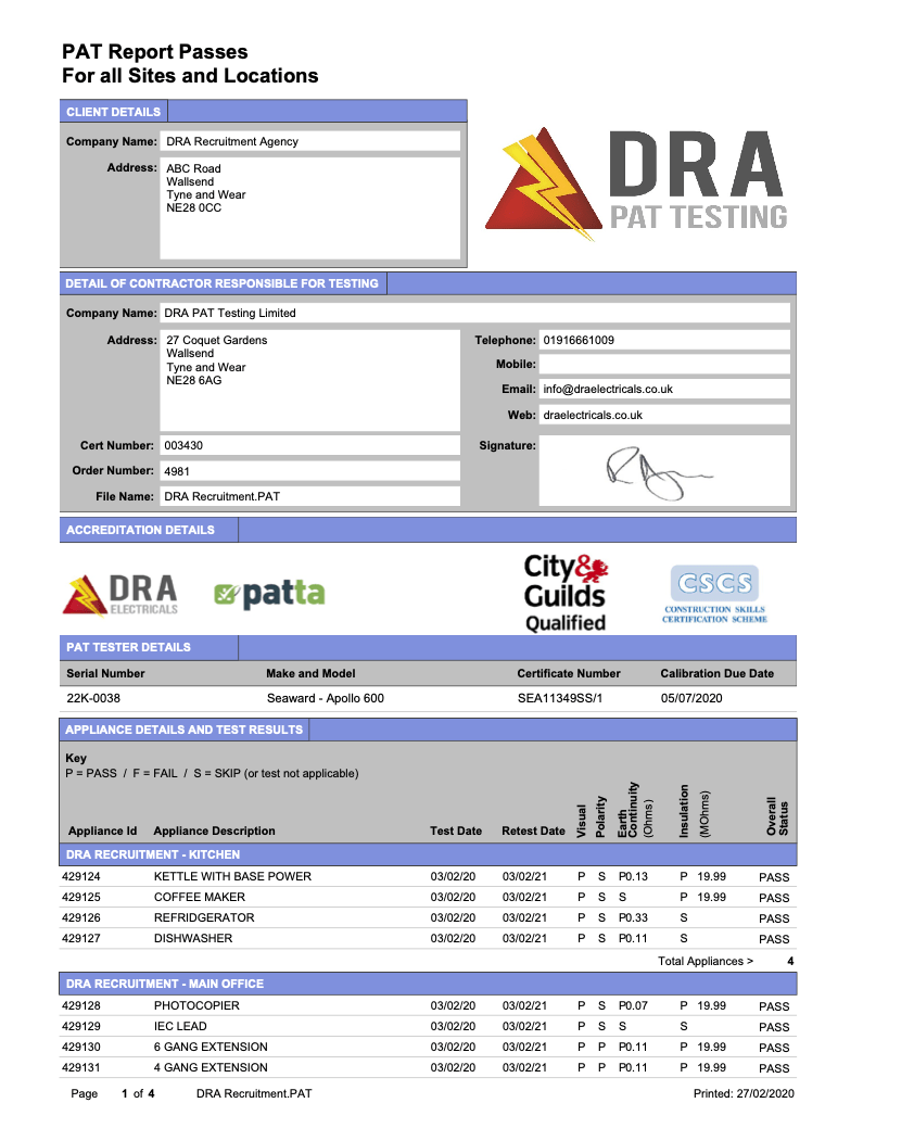 An example of our PAT test Certificate records list