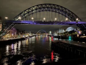 Photograph of the Tyne Bridge at night, taken by Richard Ayre from the Newcastle to Gateshead Swing Bridge.