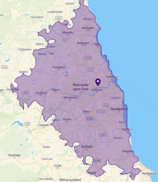 Area we cover – Tyne and Wear, Southern Northumberland, East Durha This map shows the area of the North East we (mainly) cover, which is within 30 minutes drive from our North Shields office. Including Newcastle upon Tyne, Sunderland and Durham City we cover all of Tyne and Wear, Southern Northumberland and East Durham