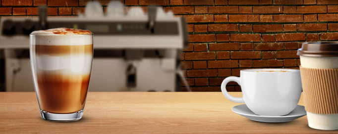 Coffee shop image showing a latte in a glass, a coffee mug and a takeaway cup 