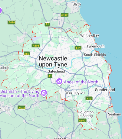 Tyne and Wear Map showing all the locations DRA operate including Newcastle, SUnderland, Gateshead, Washington etc 