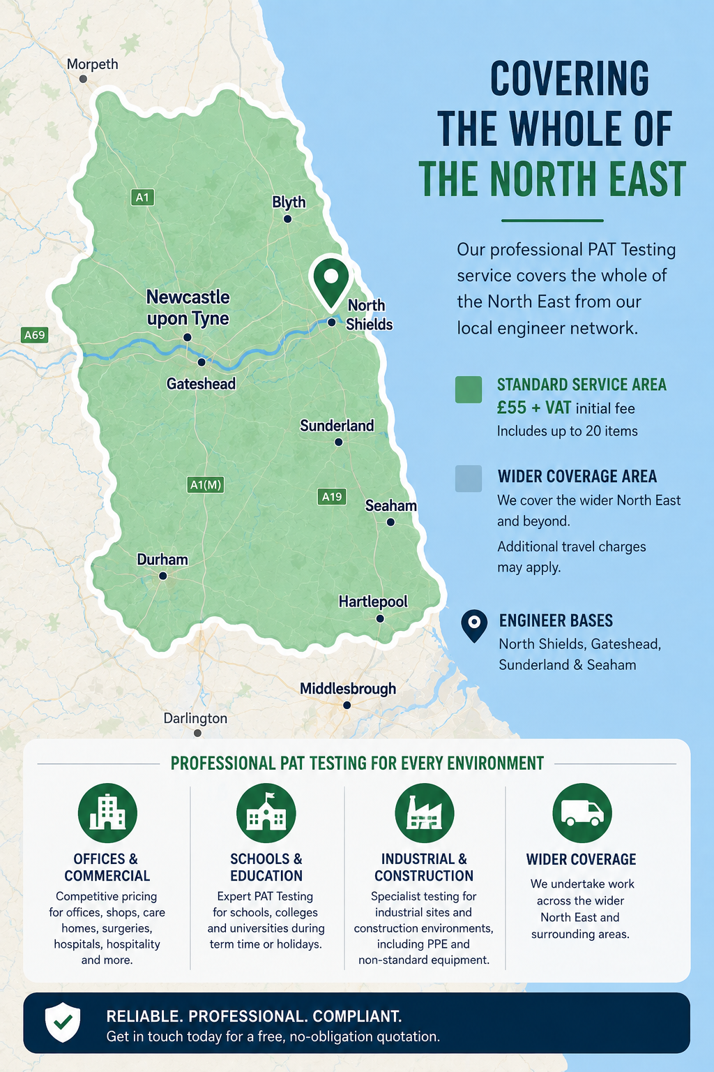 PAT Testing North East Service Area Map Map of North East England showing the service area for DRA PAT Testing