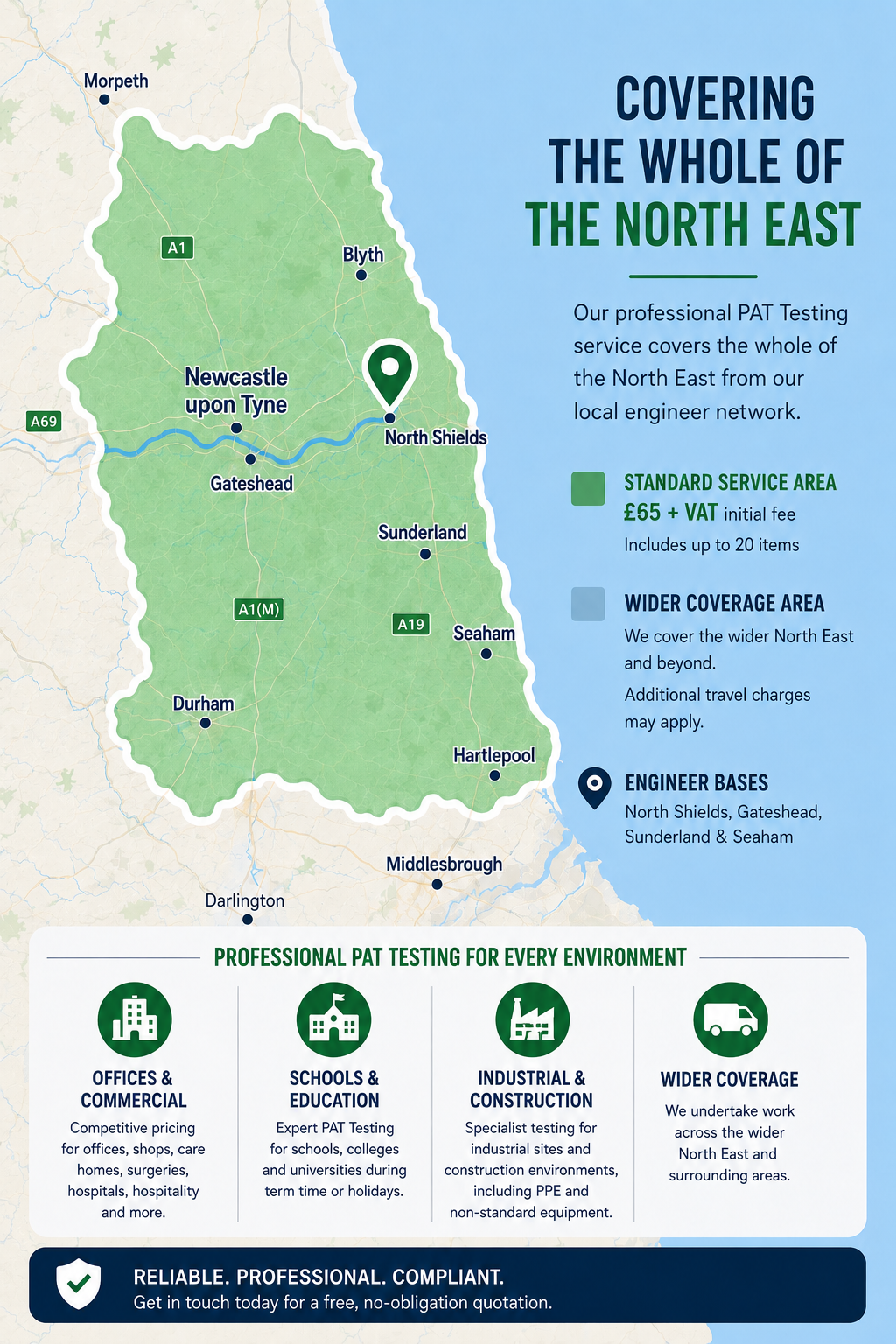 North East PAT Testing coverage map North East PAT Testing coverage map showing areas we work in, and starting pat testing prices
